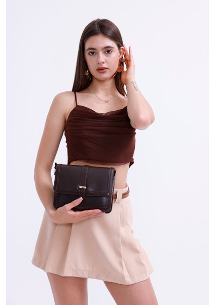 Kahverengi Retro 5 bölmeli Gold Tokalı Çanta