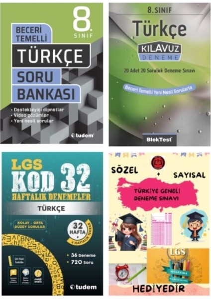 Tudem Yayınları Lgs Türkçe Beceri Temelli Soru Bankası - Türkçe Klavuz Deneme - Türkçe 32 Haftalık Denemeler - Hediye