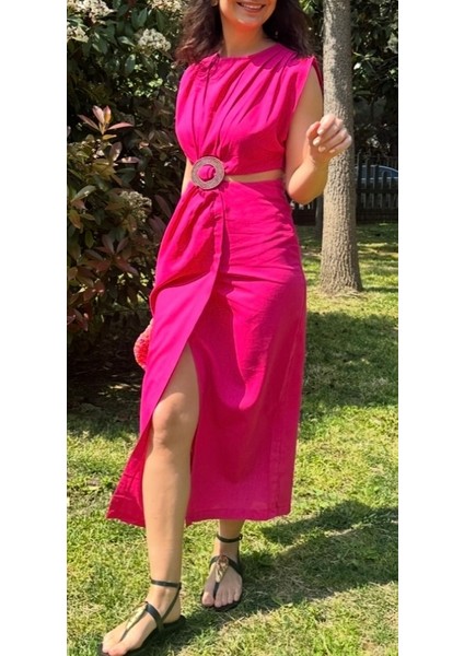 Kadın Bel Tokalı Pembe Yırtmaçlı Elbise modelleri