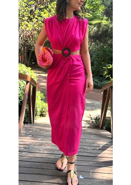Kadın Bel Tokalı Pembe Yırtmaçlı Elbise fırsatları