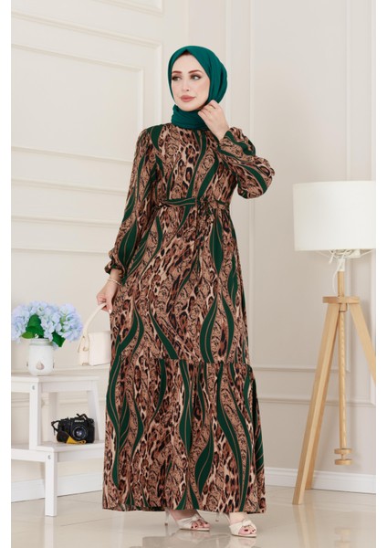 Leopar Desenli Beli Tünelli Viscon Elbise-Yeşil