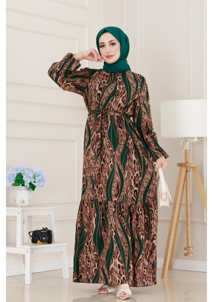 Leopar Desenli Beli Tünelli Viscon Elbise-Yeşil fiyatları