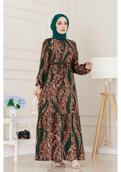 Leopar Desenli Beli Tünelli Viscon Elbise-Yeşil modelleri