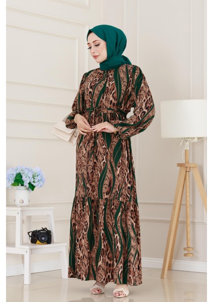 Leopar Desenli Beli Tünelli Viscon Elbise-Yeşil fırsatları
