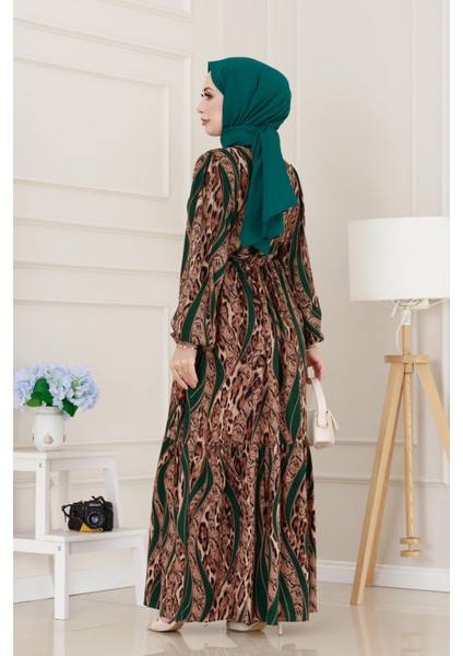 Leopar Desenli Beli Tünelli Viscon Elbise-Yeşil indirimleri