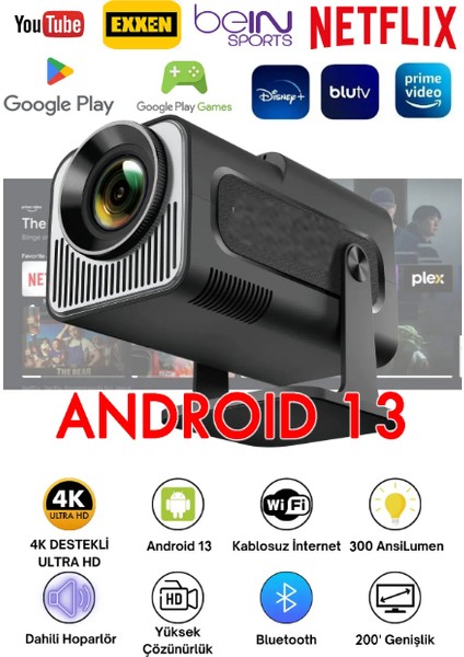 Taşınabilir Projeksiyon Sinema Sistemi Sesli Android 13