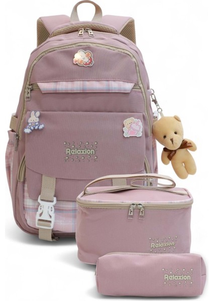 Relaxion 2144-1396 Kore Tarzı Unisex Çocuk Üçlü Set Ilkokul Sırt Çantası - NKT02144-GÜLKURUSU-TEKEBAT