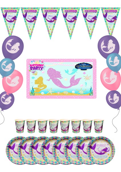 Sparkle Girl Bayraklı ve Afişli Deniz Kızı Doğum Günü Parti Malzemeleri Süsleri Seti
