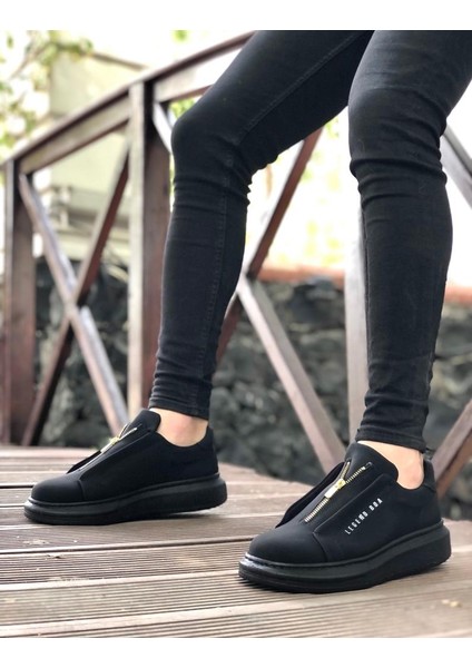 BA0310 Boa Kalın Yüksek Taban Fermuarlı Siyah Siyah Erkek Ayakkabı