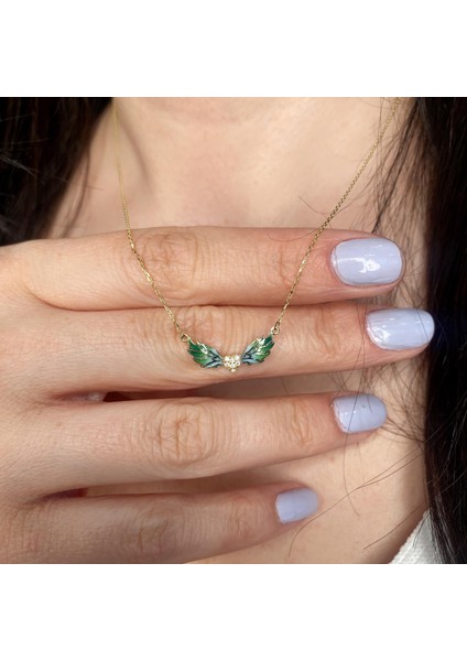 Yeşil Mineli Melek Kanadı Altın Kolye AK25 indirimleri