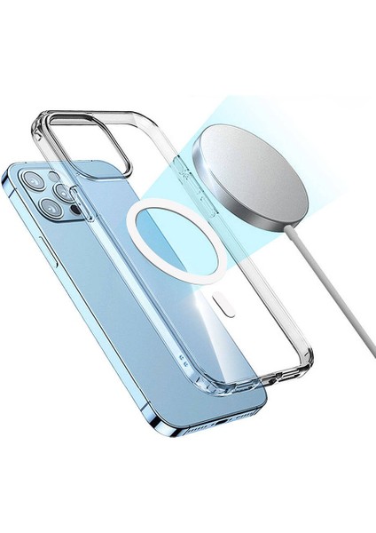 Apple iPhone 15 Pro Max Uyumlu Kılıf M-Safe Şarj Özellikli Sert Pc Embos Kapak Şeffaf