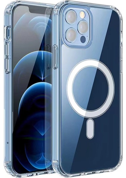 iPhone 12 Pro Max Uyumlu Kılıf M-Safe Şarj Özellikli Sert Pc Embos Kapak Şeffaf