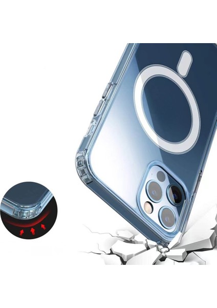 iPhone 12 Pro Max Uyumlu Kılıf M-Safe Şarj Özellikli Sert Pc Embos Kapak Şeffaf