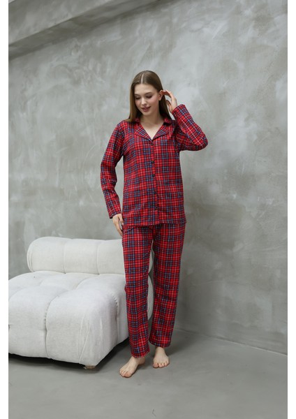 Pamuklu Düğmeli Gömlek Yakalı Pijama Takım