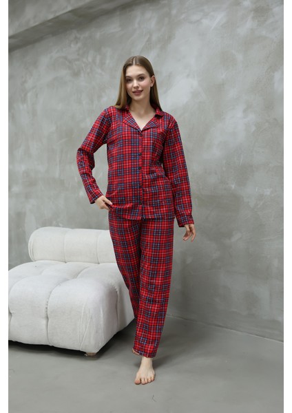 Pamuklu Düğmeli Gömlek Yakalı Pijama Takım