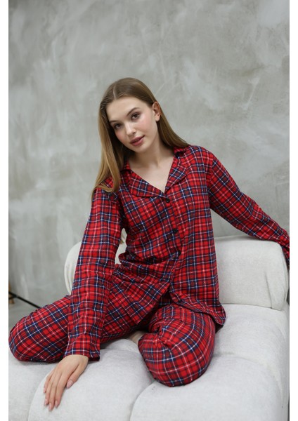 Pamuklu Düğmeli Gömlek Yakalı Pijama Takım