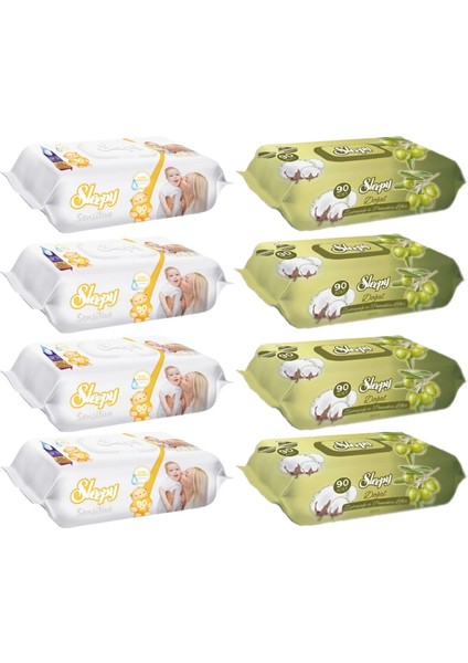 Islak Havlu Mendil 90 Yaprak Karma (8 Li Set) Sensitive & Pamuk- Zeytinyağlı 720 Yaprak