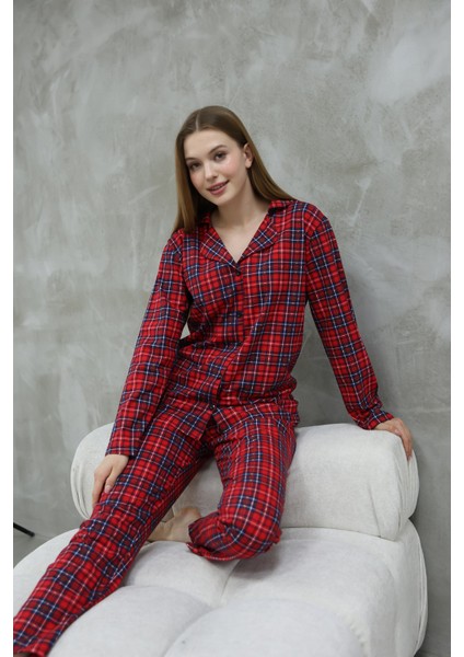 Pamuklu Düğmeli Gömlek Yakalı Pijama Takım