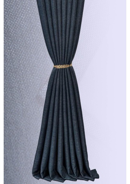 Taç Deste Keten Karartma Fon Perde Lacivert Pilesiz