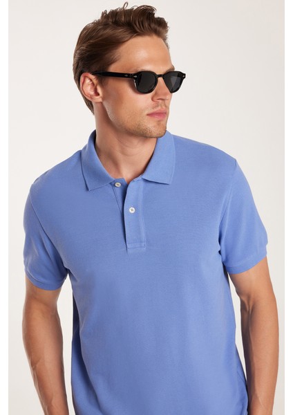 Erkek Slim Fit Dar Kesim %100 Pamuk Düz Pike Petrol Mavi Polo Yaka Tişört