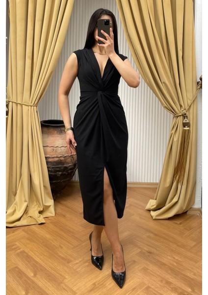 Siyah Yırtmaç Detaylı Kruvaze Yaka Kadın Elbise MG2417