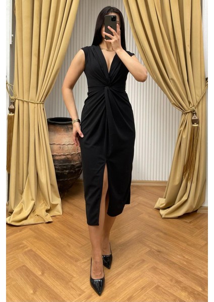 Siyah Yırtmaç Detaylı Kruvaze Yaka Kadın Elbise MG2417 fiyatları