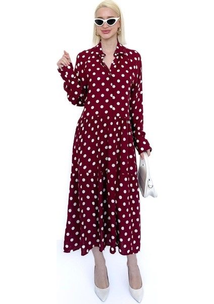 Bordo Uzun Kollu Düğmeli Desenli Elbise MG2430
