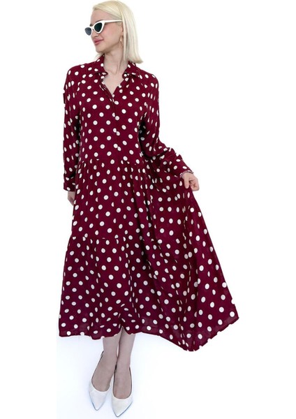 Bordo Uzun Kollu Düğmeli Desenli Elbise MG2430