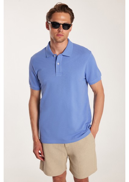 Erkek Slim Fit Dar Kesim %100 Pamuk Düz Pike Petrol Mavi Polo Yaka Tişört modelleri