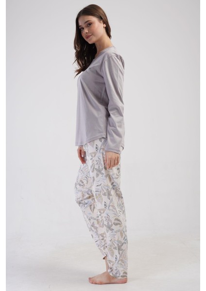 Kadın Büyük Beden Uzun Kol Gri Pijama Takımı C6T1N0O014