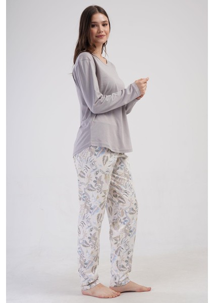 Kadın Büyük Beden Uzun Kol Gri Pijama Takımı C6T1N0O014