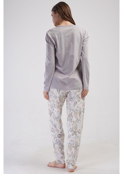 Kadın Büyük Beden Uzun Kol Gri Pijama Takımı C6T1N0O014
