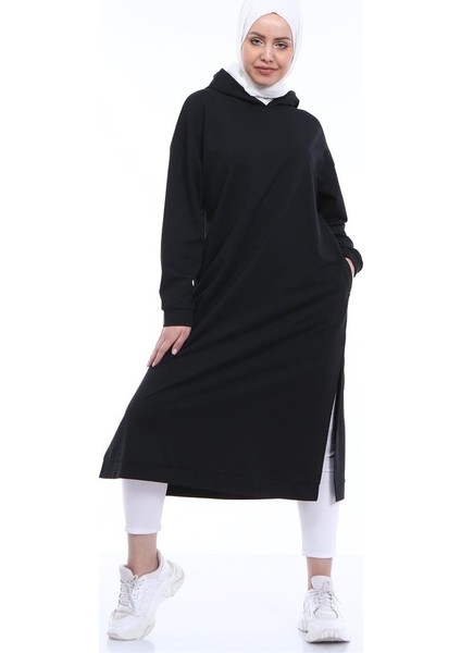Atlas Kapüşonlu Midi Boy Sweatshirt - Siyah