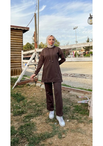 Kapşonlu O Yaka Sade Basic Ikili Eşofman Spor Takımı - 3039 - Kahverengi