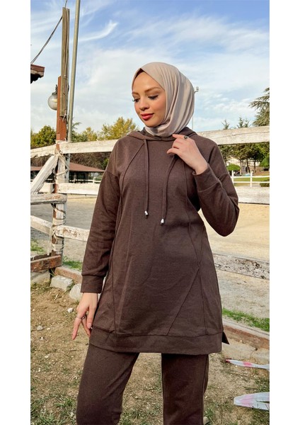 Kapşonlu O Yaka Sade Basic Ikili Eşofman Spor Takımı - 3039 - Kahverengi