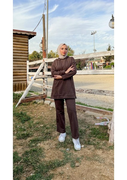 Kapşonlu O Yaka Sade Basic Ikili Eşofman Spor Takımı - 3039 - Kahverengi