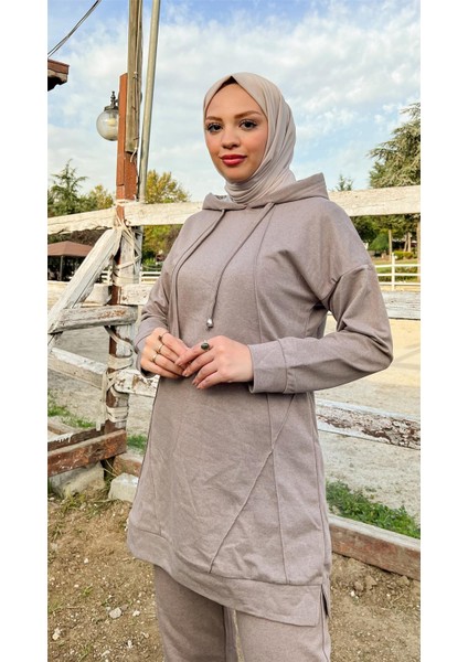 Kapşonlu O Yaka Sade Basic Ikili Eşofman Spor Takımı - 3039 - Vizon