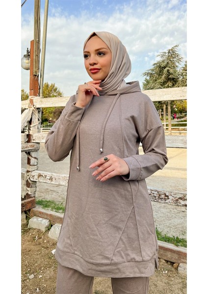 Kapşonlu O Yaka Sade Basic Ikili Eşofman Spor Takımı - 3039 - Vizon