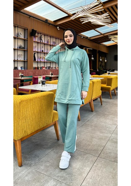 Kapşonlu O Yaka Sade Basic Ikili Eşofman Spor Takımı - 3039 - Çağla Yeşili