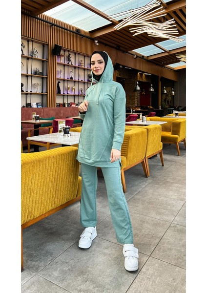 Kapşonlu O Yaka Sade Basic Ikili Eşofman Spor Takımı - 3039 - Çağla Yeşili