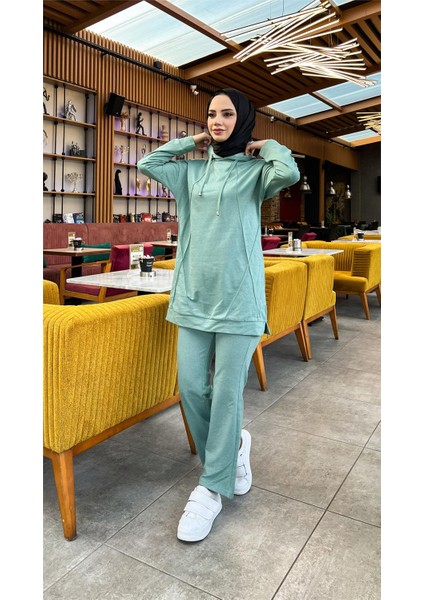 Kapşonlu O Yaka Sade Basic Ikili Eşofman Spor Takımı - 3039 - Çağla Yeşili