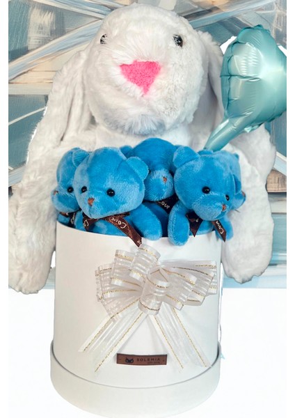 Özel Kututusunda; 45 cm Beyaz Jellycat Tavşan, 5'li Ayıcık ve Folyo Kalp Balonlu Set-Ayıcık Buketi
