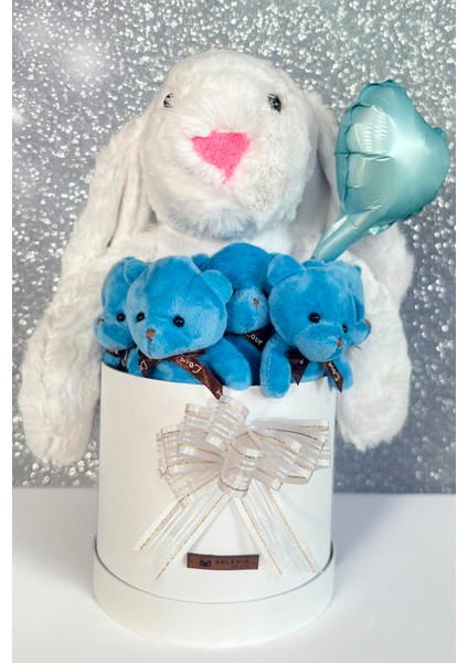 Özel Kututusunda; 45 cm Beyaz Jellycat Tavşan, 5'li Ayıcık ve Folyo Kalp Balonlu Set-Ayıcık Buketi