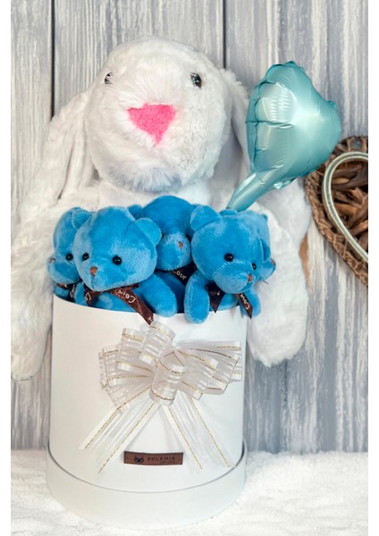 Özel Kututusunda; 45 cm Beyaz Jellycat Tavşan, 5'li Ayıcık ve Folyo Kalp Balonlu Set-Ayıcık Buketi