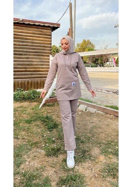 Kapşonlu Çıtçıtlı Sade Basic Ikili Eşofman Spor Takımı - 3036 - Vizon