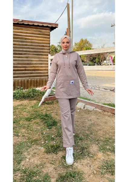 Kapşonlu Çıtçıtlı Sade Basic Ikili Eşofman Spor Takımı - 3036 - Vizon