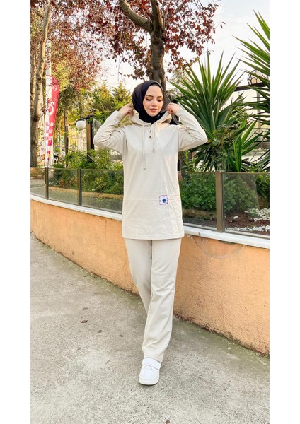 Kapşonlu Çıtçıtlı Sade Basic Ikili Eşofman Spor Takımı - 3036 - Ekru