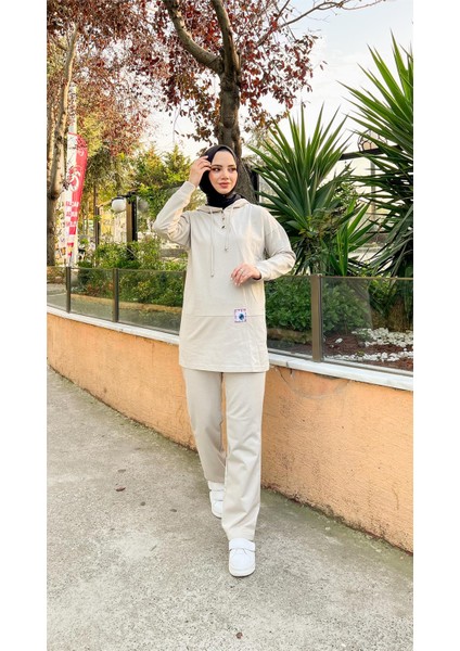 Kapşonlu Çıtçıtlı Sade Basic Ikili Eşofman Spor Takımı - 3036 - Ekru