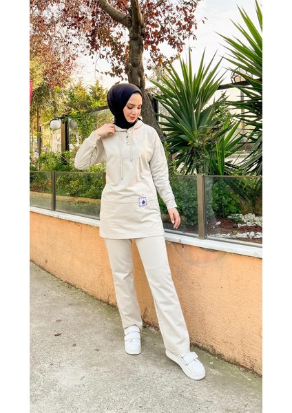 Kapşonlu Çıtçıtlı Sade Basic Ikili Eşofman Spor Takımı - 3036 - Ekru