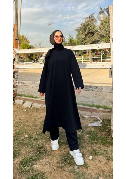O Yaka Uzun Geniş Rahat Tunik Sade Basic Ikili Spor Takımı - 3040 - Siyah